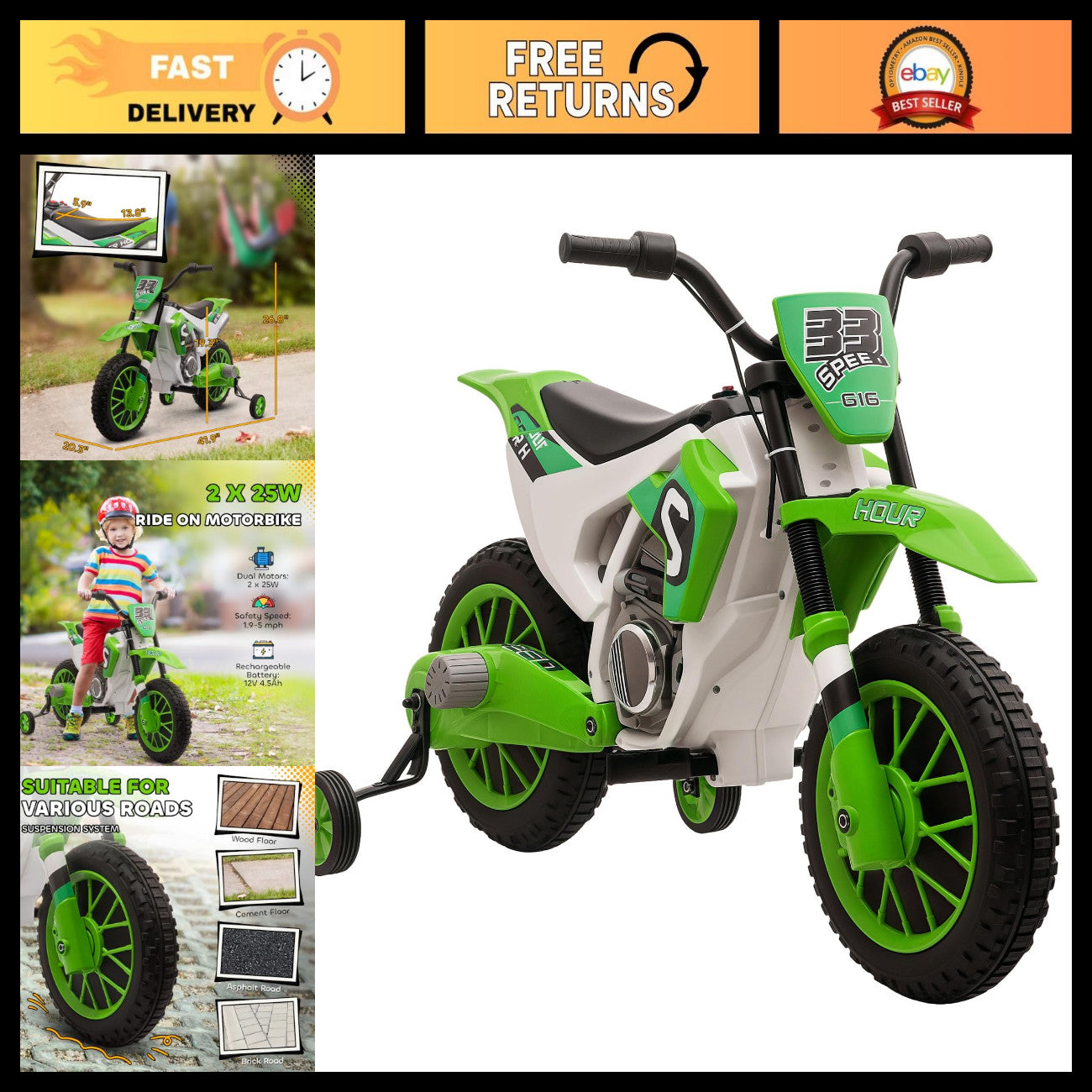 12V Green Ride-On Electric Motorcycle for Kids with Treaded Tires and
