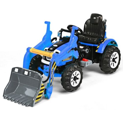 Kids Blue 12v Ride On Digger Tractor with Sounds & Front Scoop