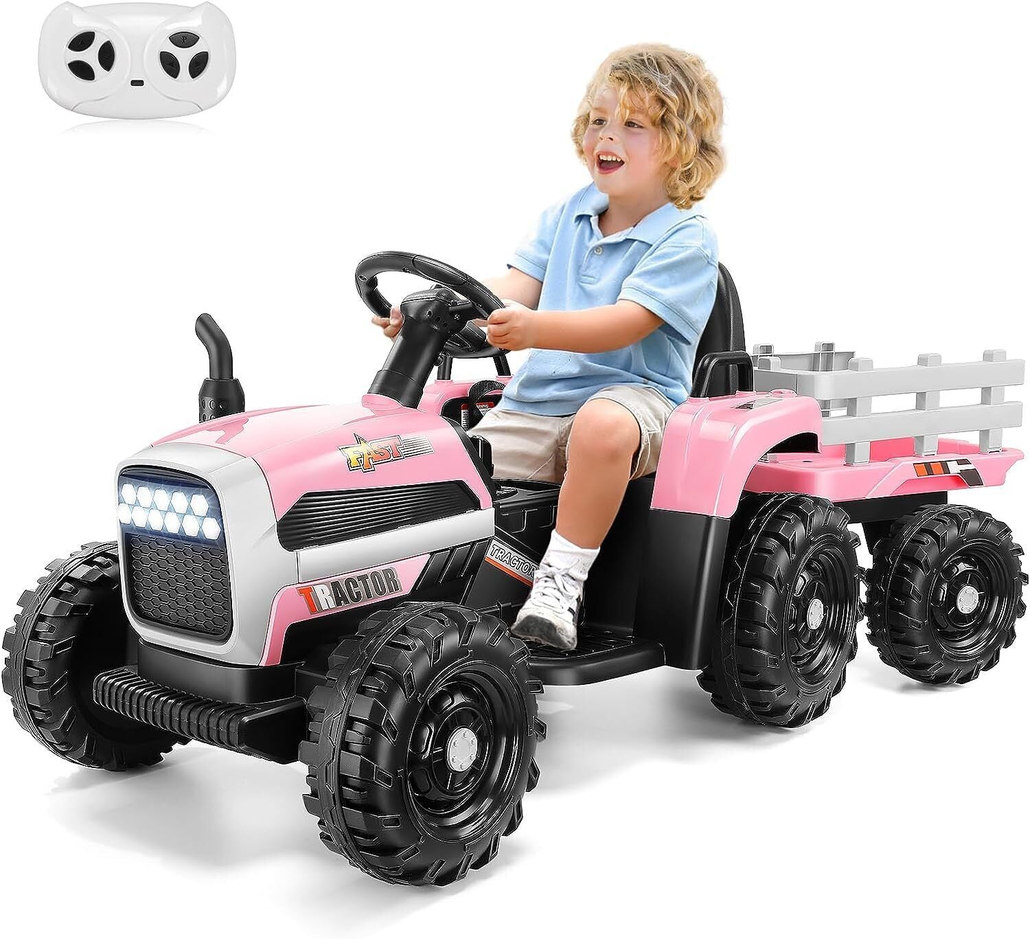 Electric Tractor RideOn Toy Car with Trailer for Kids 12V Battery P