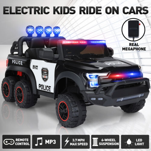Electric Police Car Ride-On for Kids with Wheels, LED Lights, Interc