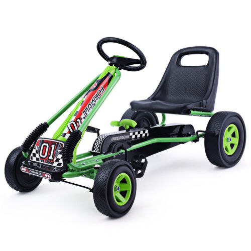 Green Adjustable Seat Pedal-Powered Kids Go Kart with 4 Wheels