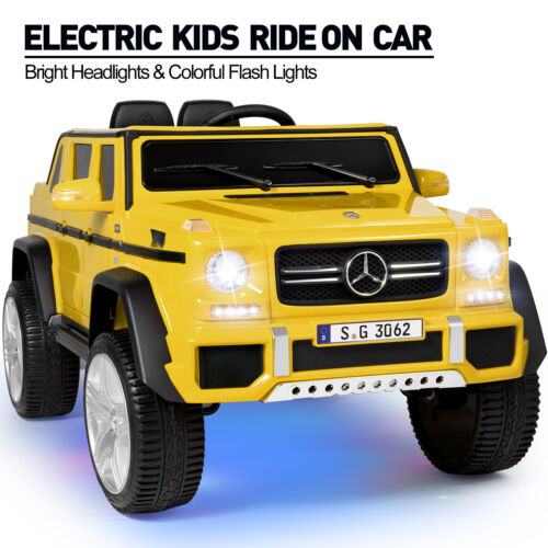 Mercedes Benz Truck 12V Battery Ride On Car for Kids with 3 Speeds LED Lights Music and Remote Control Yellow