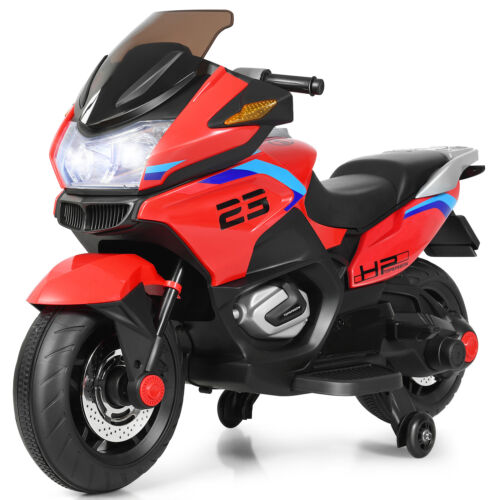 Red Electric Motor Bike for Kids with Training Wheels and Lights 12V