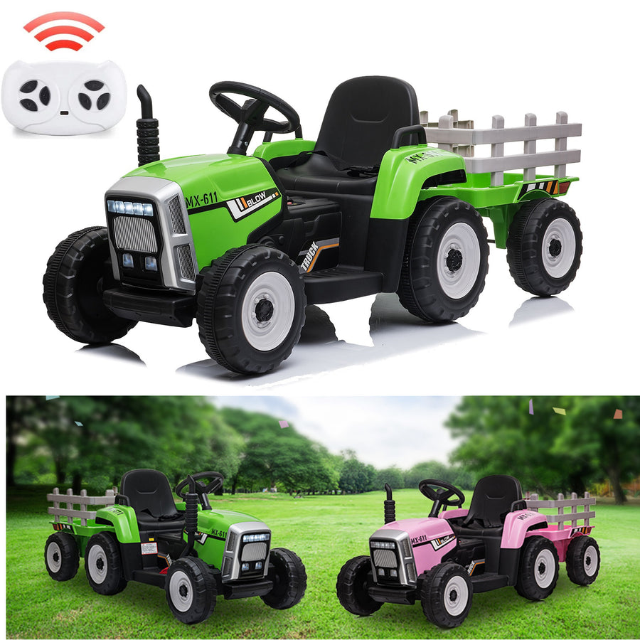 12V Kids Electric Tractor with Trailer Toddler Ride On Car w/ Remote ...