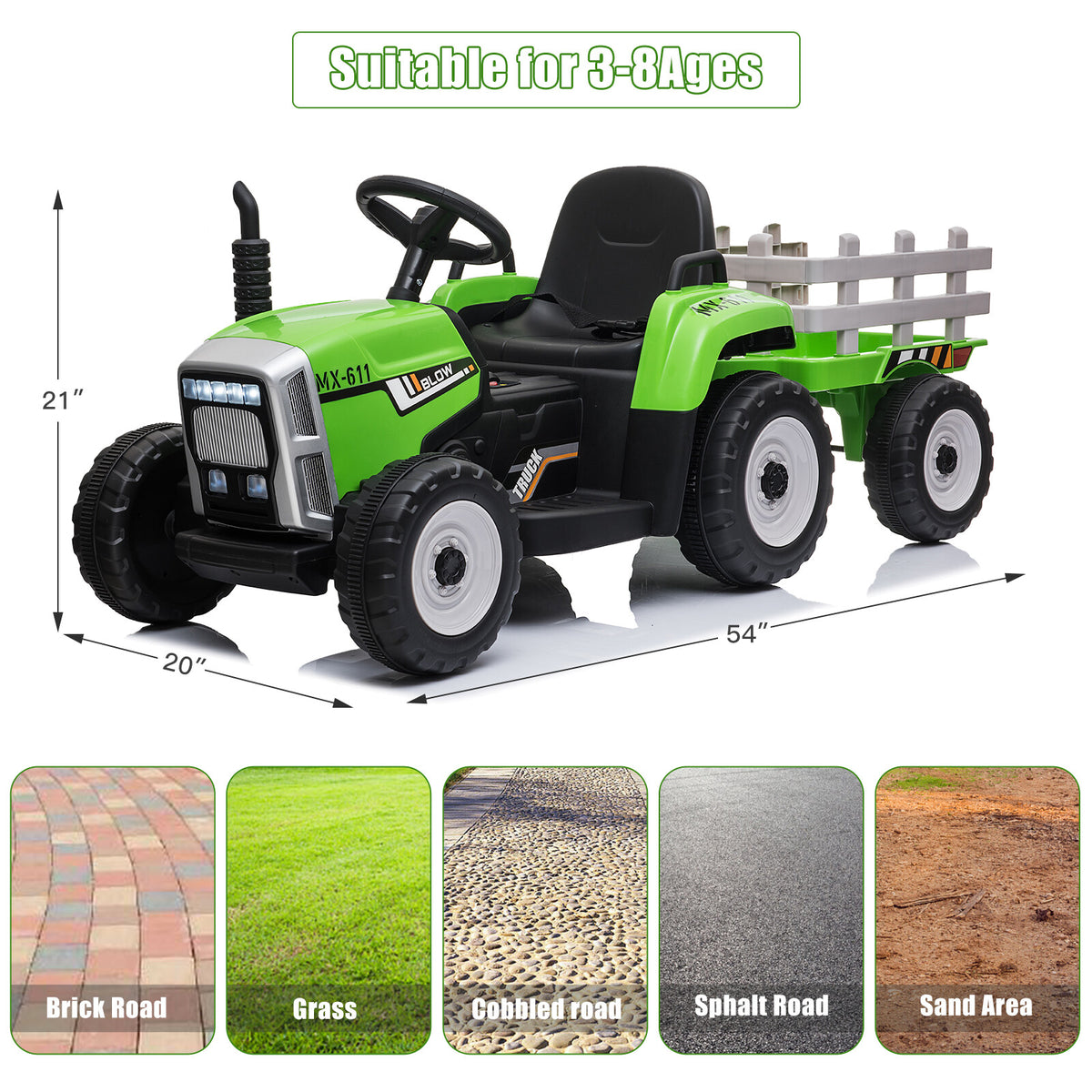 12V Kidsr Ride On Car Electric Green Tractor with Trailer Toddle w
