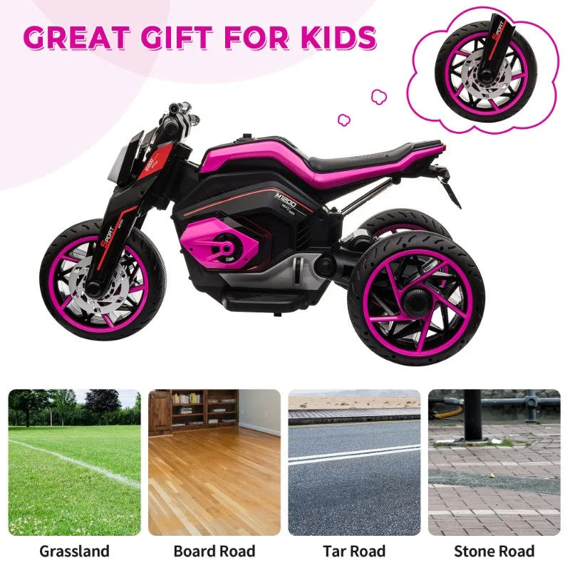 12V Three-Wheel Ride on Motorcycle, Kids Electric Motorbike with Horns ...