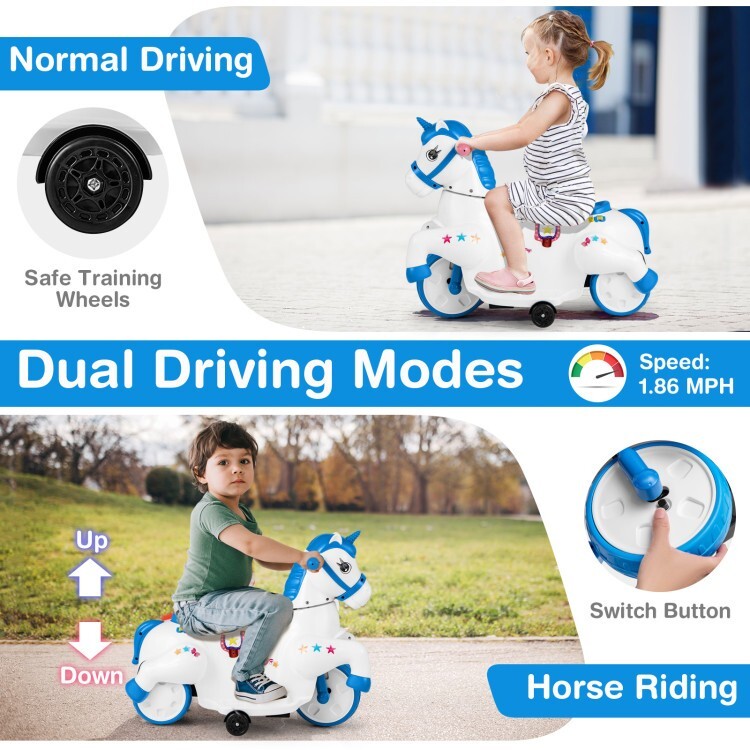 12V Unicorn Ride-on Children Riding Toy With Training Wheels & Horse ...