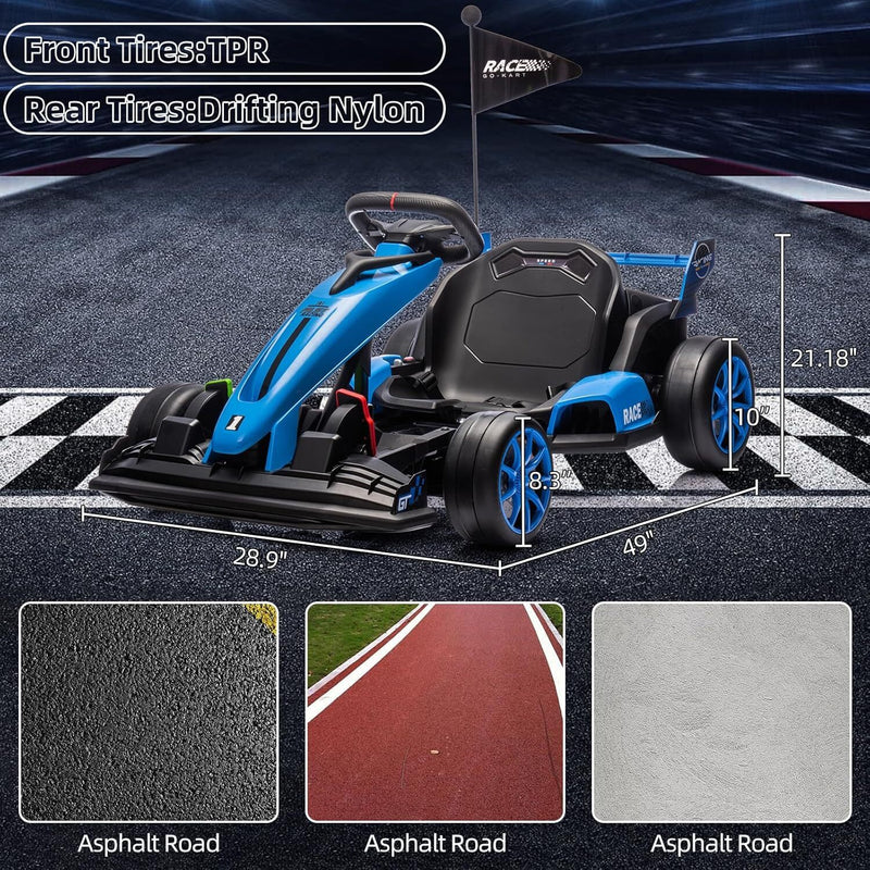 24V Ride On Go Kart for 6-12Y Kid, 7.5MPH Fast Drifting Circling
