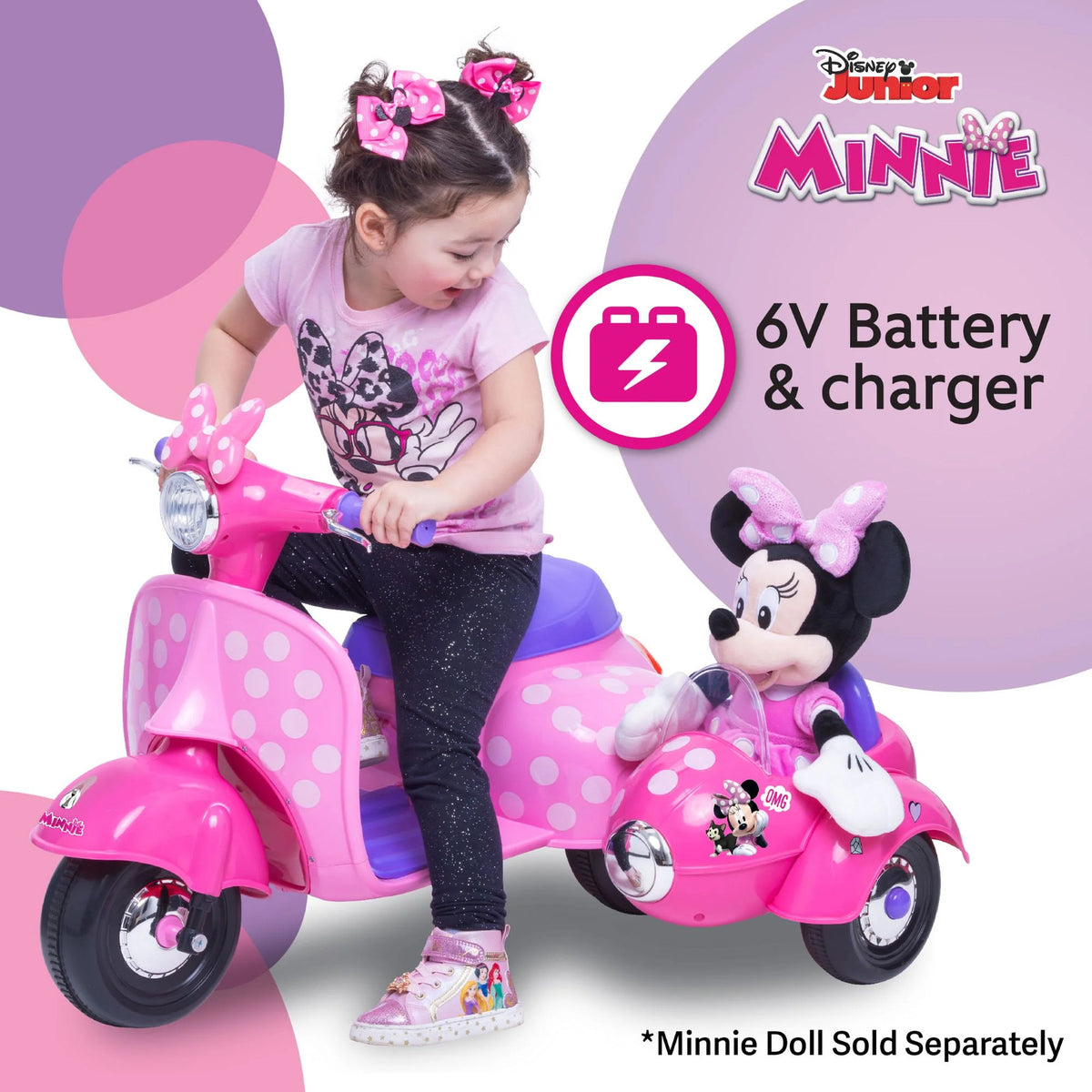 ides Minnie Mouse キッズバイク ペダル付き 6V Battery + Pedal Minnie Mouse Scooter with Sidecar Ride-On Ages