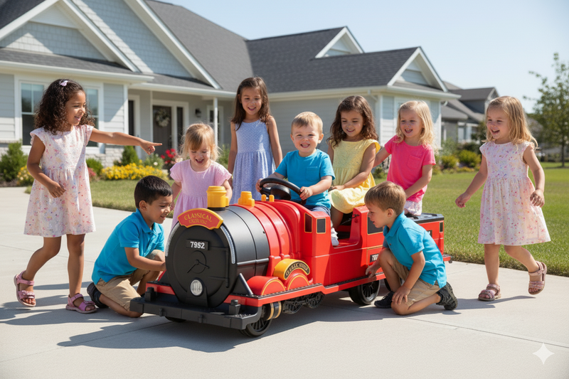 Children playing with a toy train set in a suburban neighborhood.