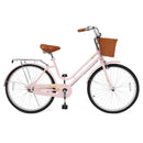 Pink 24-Inch Women's Beach Cruiser Bicycle with Woven Basket and Rear Rack