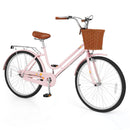 Pink 24-Inch Women's Beach Cruiser Bicycle with Woven Basket and Rear Rack