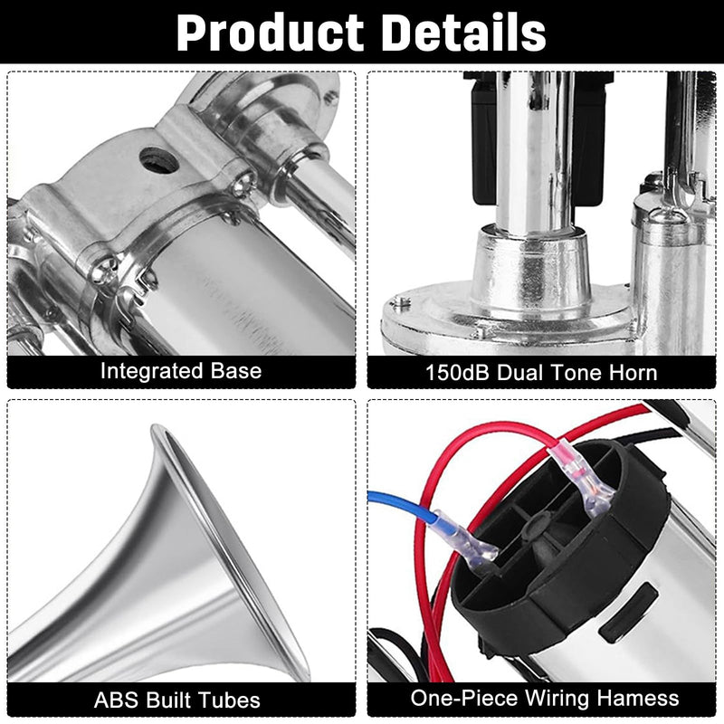 Train Horn For Truck Universal Horns 150dB Super Loud Air Trumpets With Compressor Kit For Any 12v Vehicles Trucks Motorcycle Pickup Trains Cars Boats Vans Silver Integrated Air Horn