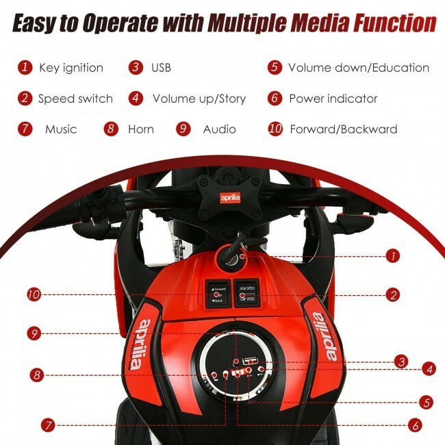 Aprilia Licensed Electric Toddler Ride-On Motorbike with LED Lights and Training Wheels Magic Cars 1