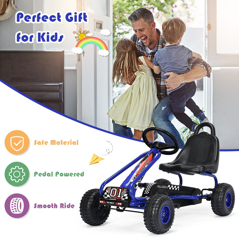 Kids Pedal Go Kart with Adjustable Seat and Handbrake 4-Wheel Ride-On Toy Blue Magic Cars 4