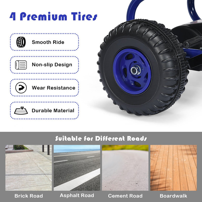 Kids Pedal Go Kart with Adjustable Seat and Handbrake 4-Wheel Ride-On Toy Blue Magic Cars 6