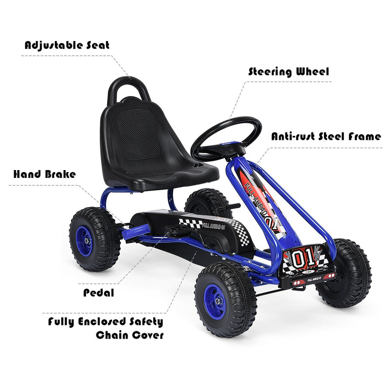 Kids Pedal Go Kart with Adjustable Seat and Handbrake 4-Wheel Ride-On Toy Blue Magic Cars 8