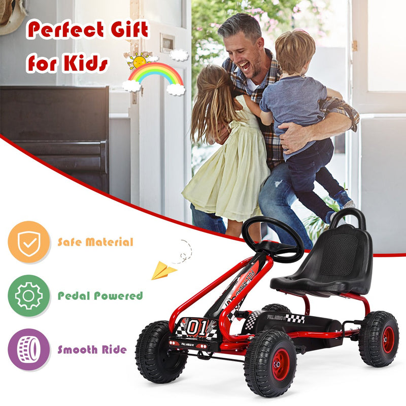 Kids Pedal Go-Kart with 4 Wheels, Adjustable Seat, Handbrake – Red Ride-On Toy Magic Cars 4