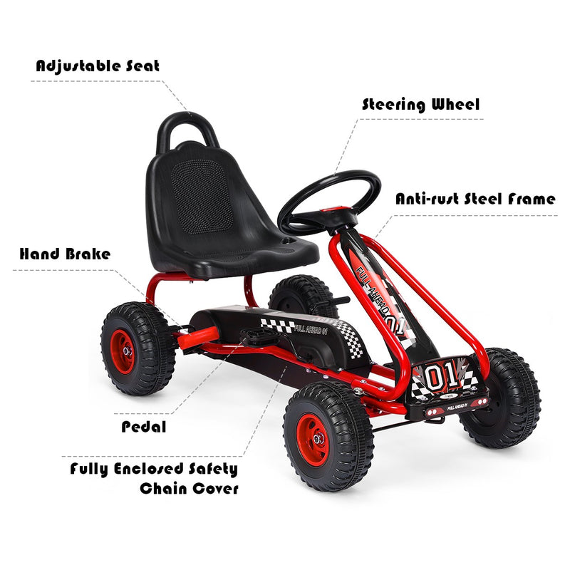 Kids Pedal Go-Kart with 4 Wheels, Adjustable Seat, Handbrake – Red Ride-On Toy Magic Cars 8