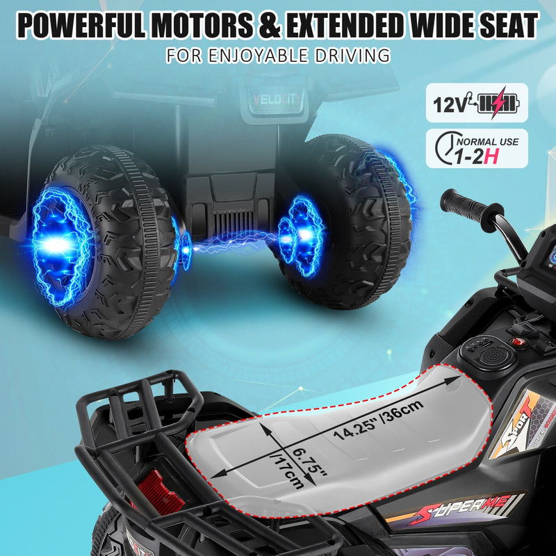 Black 12V Kids Electric Ride-On Off-Road ATV Quad Car Toy with 2 Speeds and LED Lights Magic Cars 2