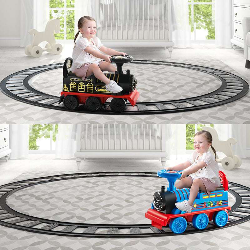 Electric 6V Kids Ride-On Train Car with Curved Tracks, Lights, and Music - Black/Blue Magic Cars 12