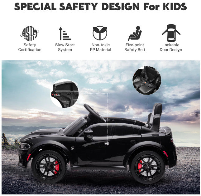 Black Electric Ride-On Car for Kids with Safety Belt, Parent Remote Control, and Built-in Music Magic Cars 2