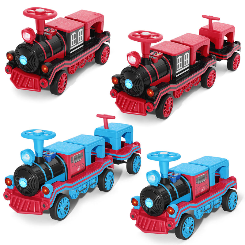 12V Large Blue and Red 2-Seater Electric Ride-On Train for Kids with Music, Lights, and Storage Magic Cars 12