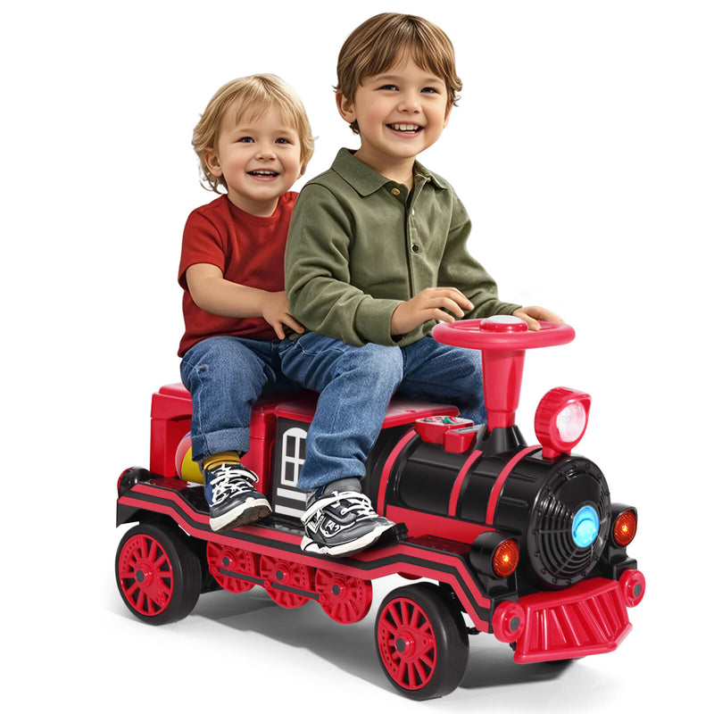 12V Large Blue and Red 2-Seater Electric Ride-On Train for Kids with Music, Lights, and Storage Magic Cars 13