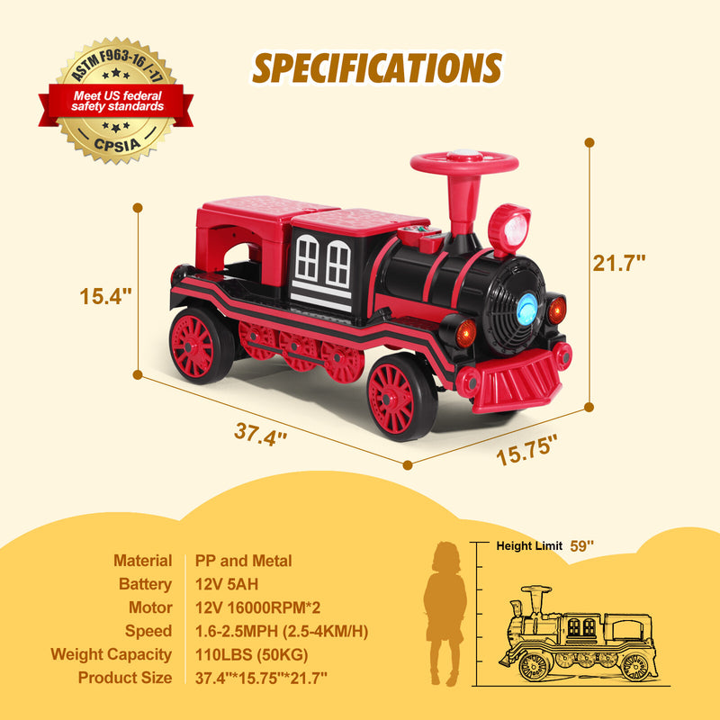 12V Large Blue and Red 2-Seater Electric Ride-On Train for Kids with Music, Lights, and Storage Magic Cars 14