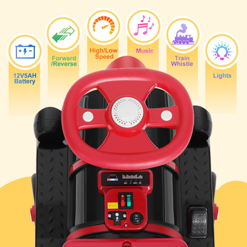 12V Large Blue and Red 2-Seater Electric Ride-On Train for Kids with Music, Lights, and Storage Magic Cars 18