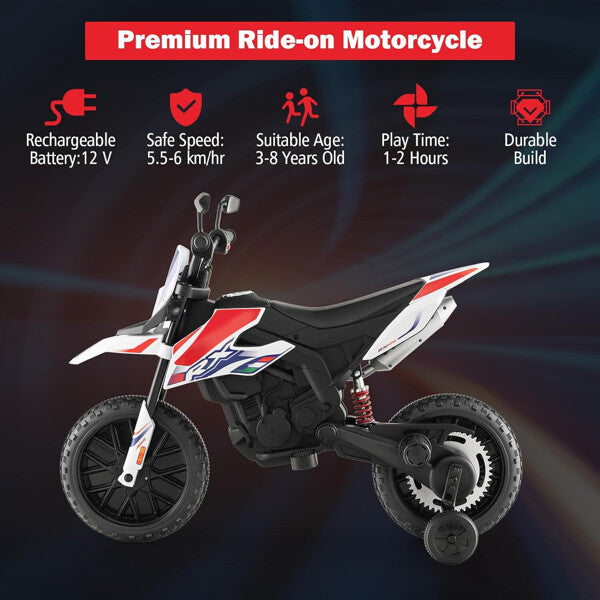 12V Electric Off-Road Dirt Bike for Kids with Training Wheels and Music Magic Cars 3