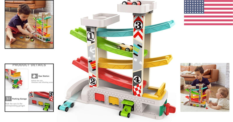 Colorful Toddler Car Ramp Racer Set with 4 Cars Educational Toy for Ages 1-3 Magic Cars 1