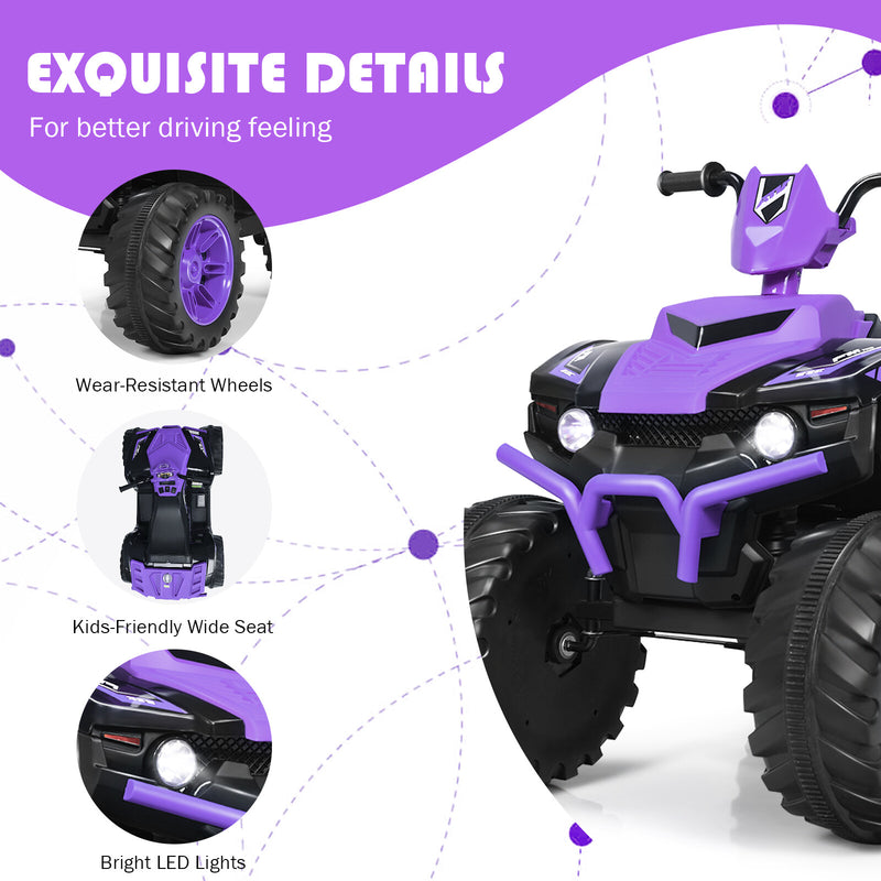 12V Kids 4-Wheeler ATV Ride-On Car with LED Lights and Music Purple Magic Cars 8
