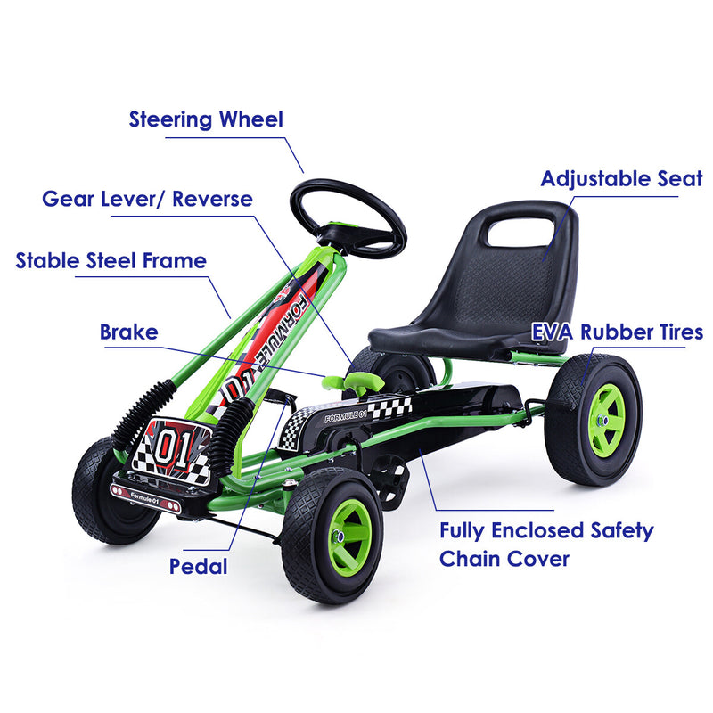 4-Wheel Pedal-Powered Ride-On Kart for Kids with Adjustable Seat Green Magic Cars 7