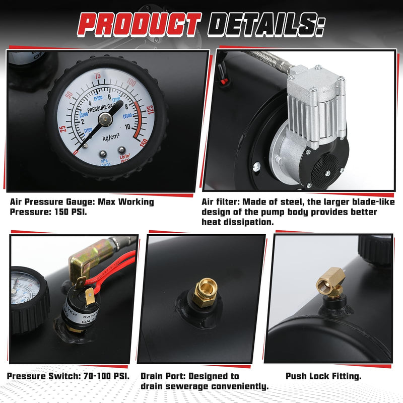 12V 150 PSI Air Compressor Pump with 3-Liter 0.8 Gallon Tank for Trailers Magic Cars 2