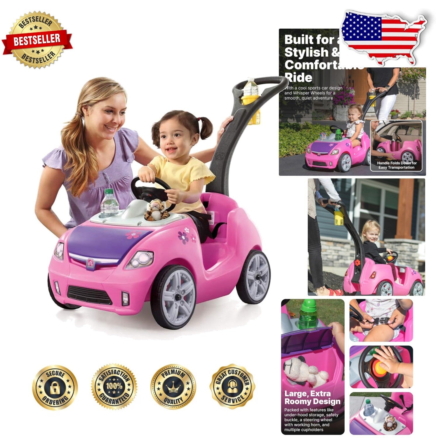 Deluxe Pink Toddler Ride-On Push Car with Safety Seat Belt and Quiet W