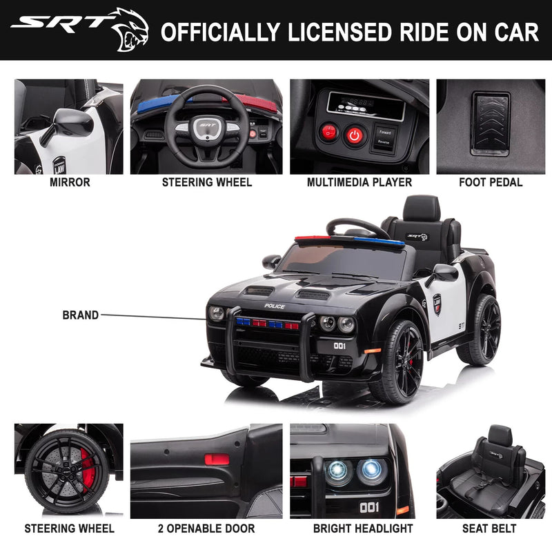 12V V-Powered Dodge Challenger Ride-On Car with Remote Control SRT Hellcat Police Design Magic Cars 6