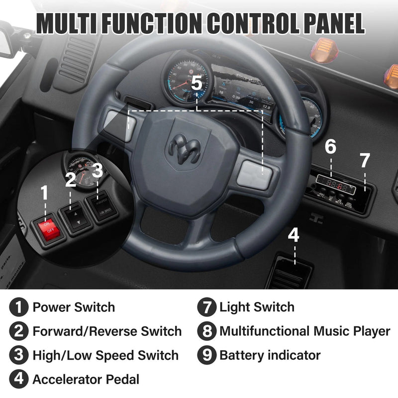12V Dodge RAM Ride-On Car with Remote Control and Rear Wheel Suspension Magic Cars 1