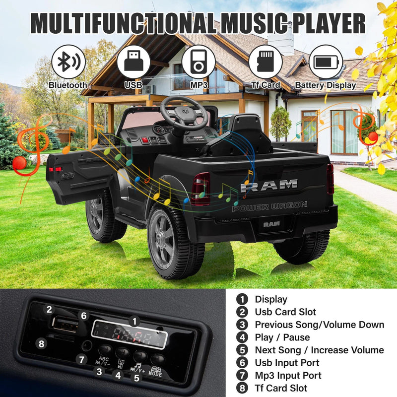 12V Dodge RAM Ride-On Car with Remote Control and Rear Wheel Suspension Magic Cars 2