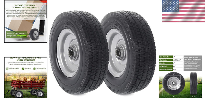 Set of 2 Durable 8-Inch Solid Wheel Assemblies with Puncture-Resistant Tires Magic Cars 1