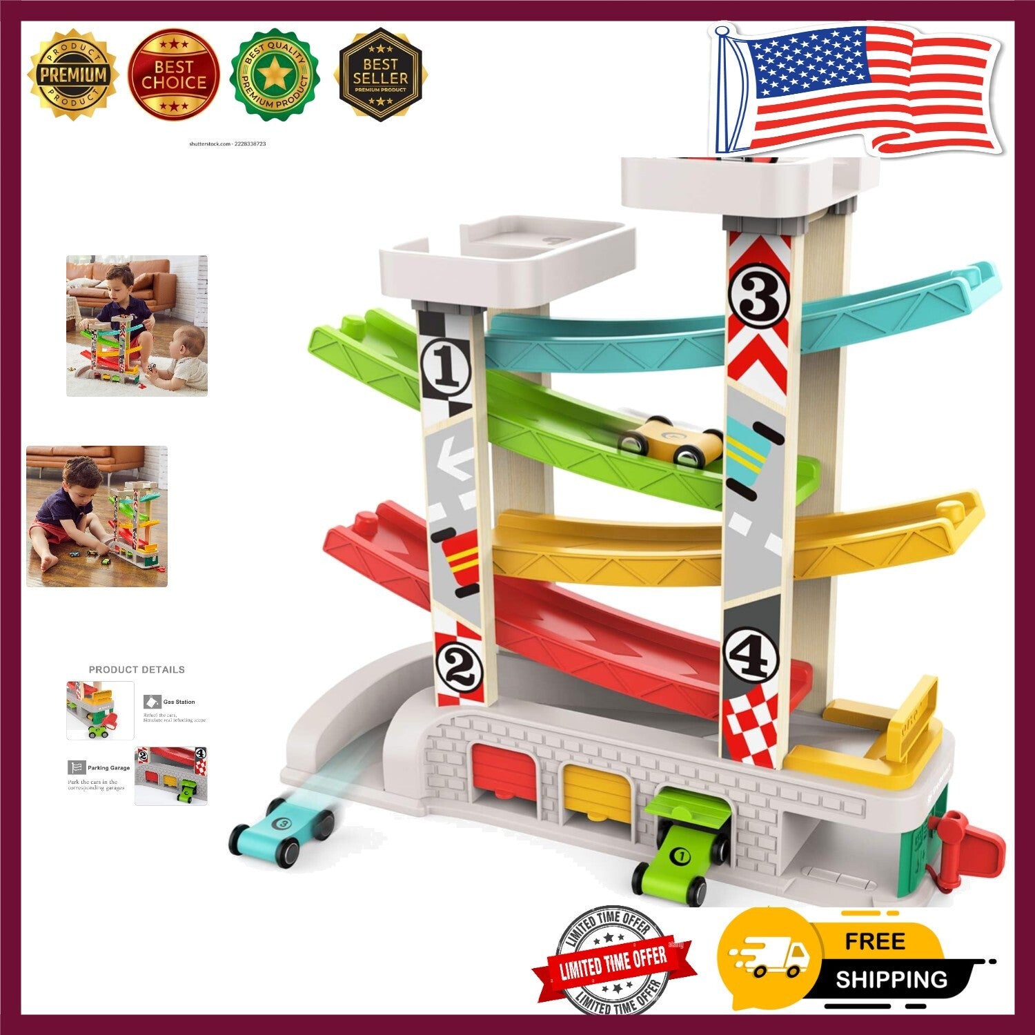 Educational Toddler Car Ramp Toy with Gas Station and 4 Wooden Cars fo