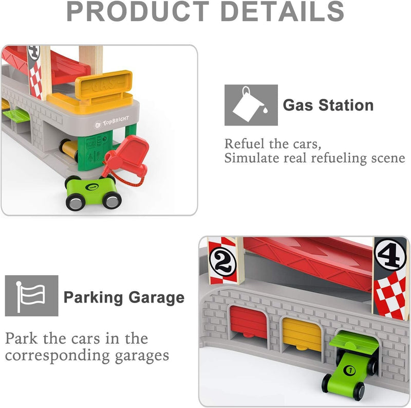 Educational Toddler Car Ramp Toy with Gas Station and 4 Wooden Cars for Ages 1-3 Magic Cars 5