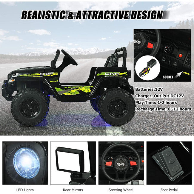 12V Electric Kids Ride-On Jeep Truck Car with LED Lights, 2-Seater, 2.4G Remote Control Magic Cars 9