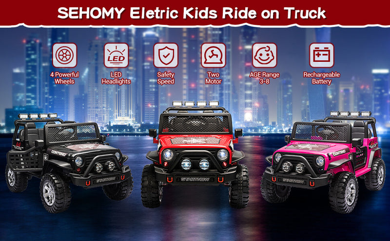 12V Electric Kids Ride-On Jeep Truck Car with LED Lights, MP3, Remote Control, 2-Seater Magic Cars 18