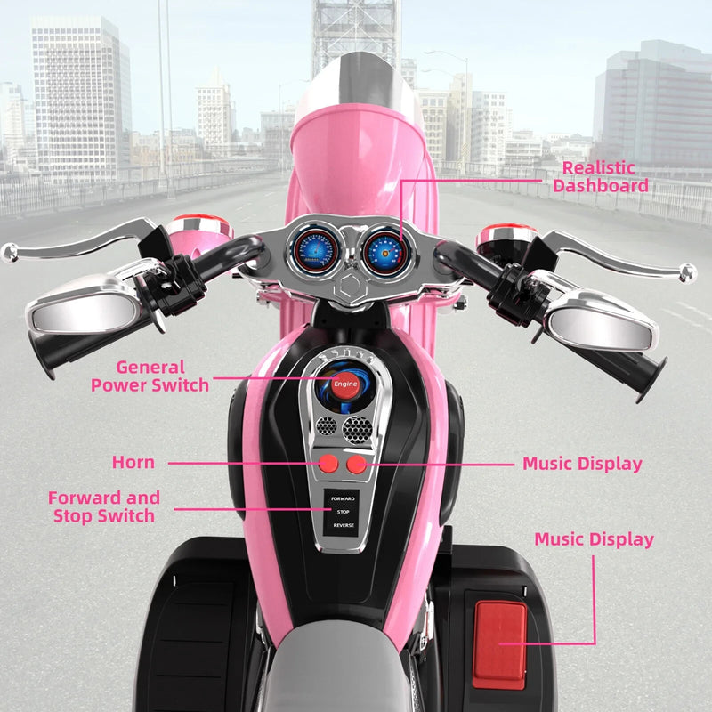 Battery-Powered Pink Electric Ride-On Motorcycle for Kids Magic Cars 3