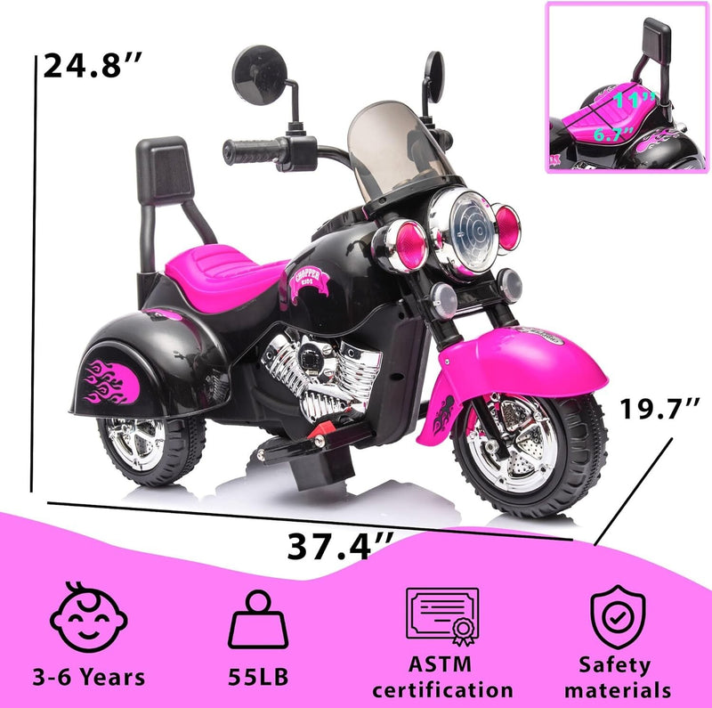 Electric Pink Ride-On Battery-Powered Kids Motorcycle Chopper Magic Cars 3
