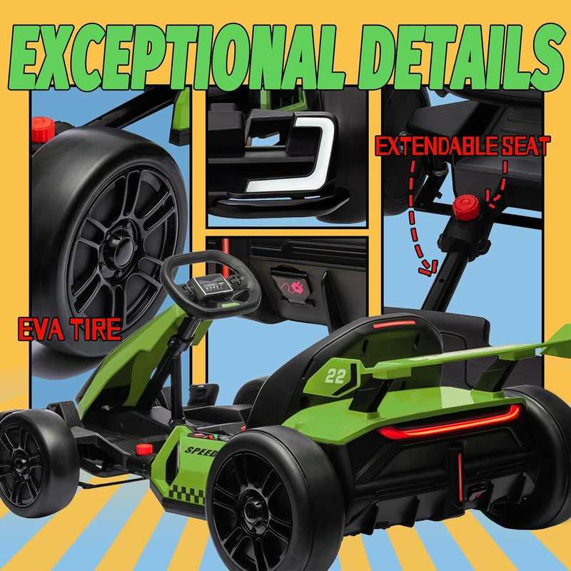Electric Drift Kart with Adjustable Seat 24V Outdoor Ride-On Toy with 4 Speed Modes Magic Cars 25