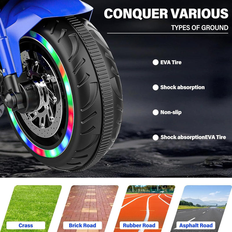 12V Blue Electric Kids Motorcycle with LED Lights, Bluetooth Music, and Rechargeable Battery Ride-On Toy Magic Cars 11