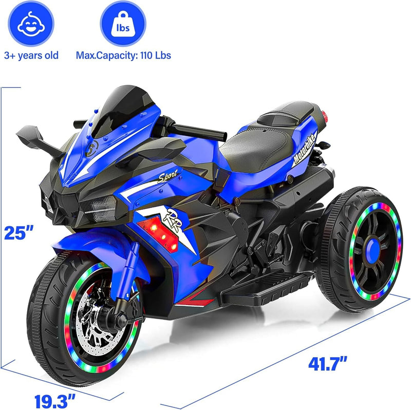 12V Blue Electric Kids Motorcycle with LED Lights, Bluetooth Music, and Rechargeable Battery Ride-On Toy Magic Cars 12