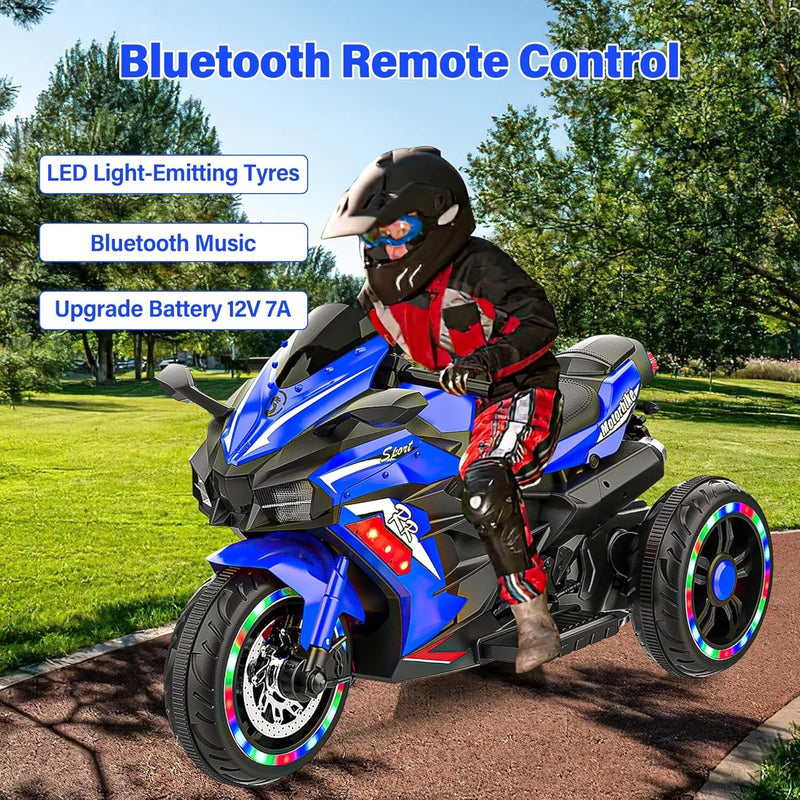 12V Blue Electric Kids Motorcycle with LED Lights, Bluetooth Music, and Rechargeable Battery Ride-On Toy Magic Cars 14